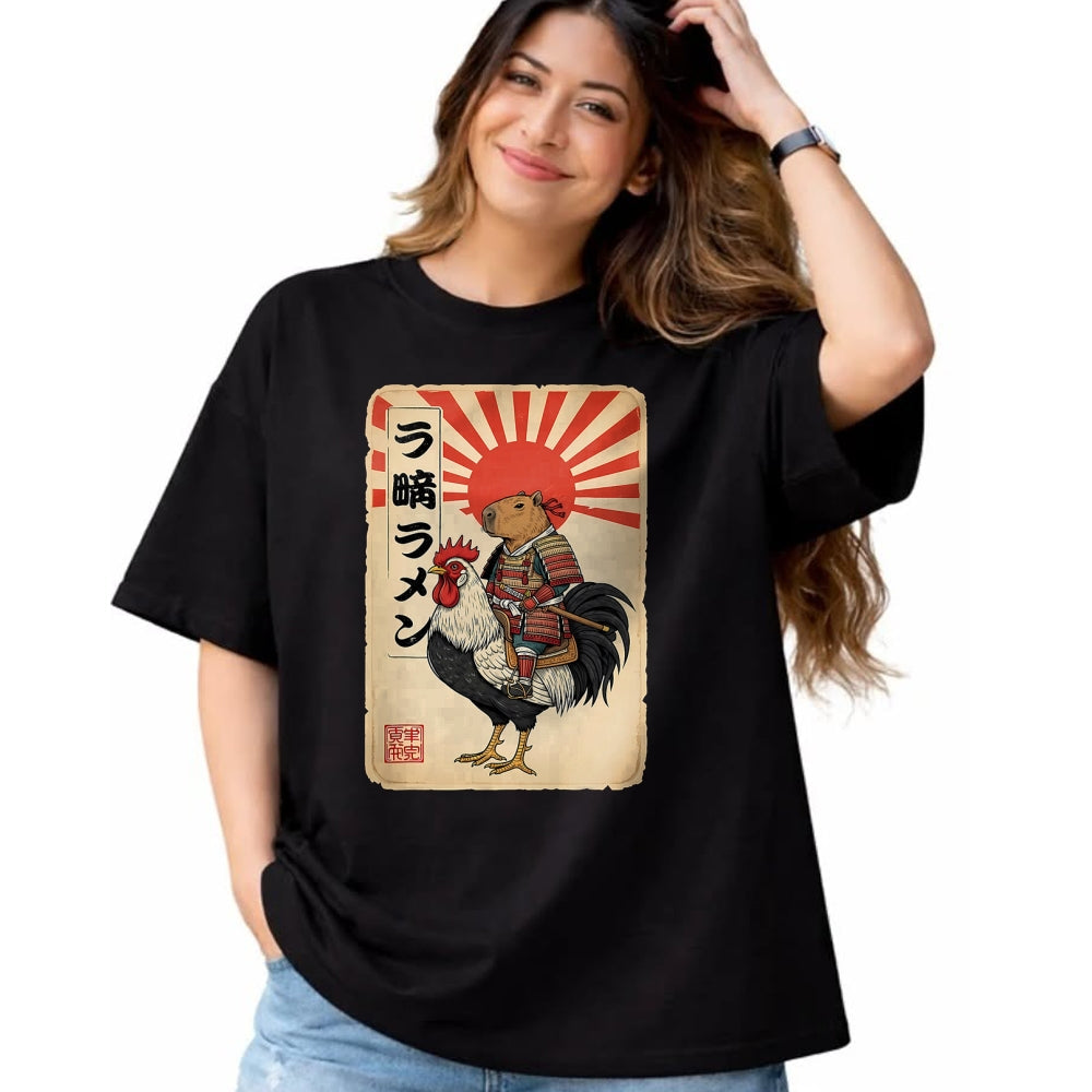Cute Capybara Shirt, Funny Capybara Unisex T-Shirt/Hoodie/Sweatshirt HLT00 - Vintage Japanese Samurai Capybara Rooster Chicken Anime T-Shirt