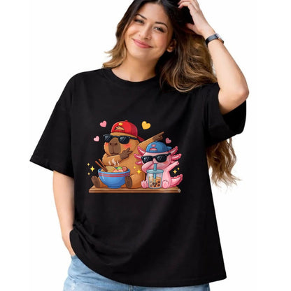 Cute Capybara Shirt, Funny Capybara Unisex T-Shirt/Hoodie/Sweatshirt HLT00 - Cute Dabbing Capybara Axolotl Boba Tea Ramen Boys Girls Kids T-Shirt