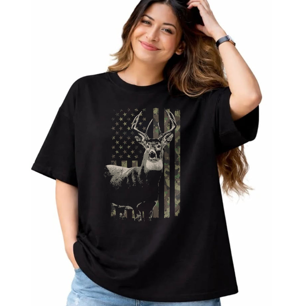 Funny Hunting Shirt, Gift For Hunting Lover Unisex T-Shirt/Hoodie/Sweatshirt HLT00 - Hunting Camo American Flag Deer Camouflage (Design on Back) Long Sleeve T-Shirt