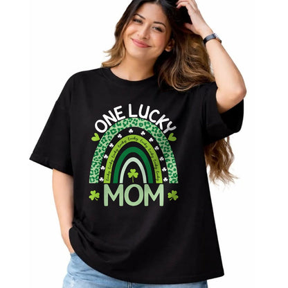Gift for Mom Shirt, Funny Mom Unisex T-Shirt/Hoodie/Sweatshirt HLT00 - One Lucky Mom Leopard Rainbow St Patricks Day Clover Long Sleeve T-Shirt