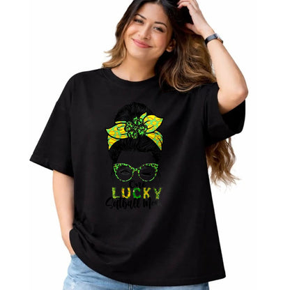 Gift for Mom Shirt, Funny Mom Unisex T-Shirt/Hoodie/Sweatshirt HLT00 - One Lucky Softball Mom Green Saint Patricks Day Messy Bun T-Shirt