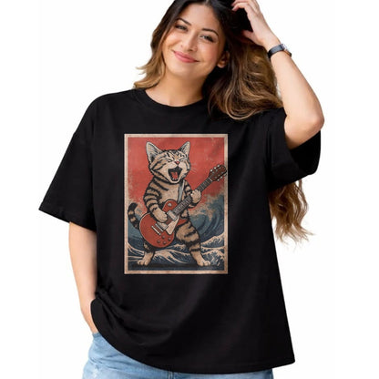 Guitar Lover Shirt, Funny Guitar UnisexT-Shirt/Hoodie/Sweatshirt HLT00 - Cat Playing Guitar Men Women Distressed Rock and Roll T-Shirt, Men, Black, Large