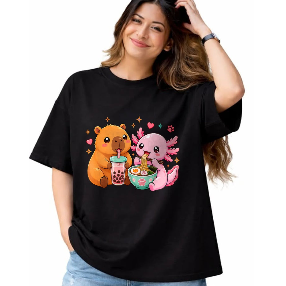 Cute Capybara Shirt, Funny Capybara Unisex T-Shirt/Hoodie/Sweatshirt HLT00 - Cute Capybara Axolotl Boba Ramen Anime Kawaii Foodie Friends T-Shirt