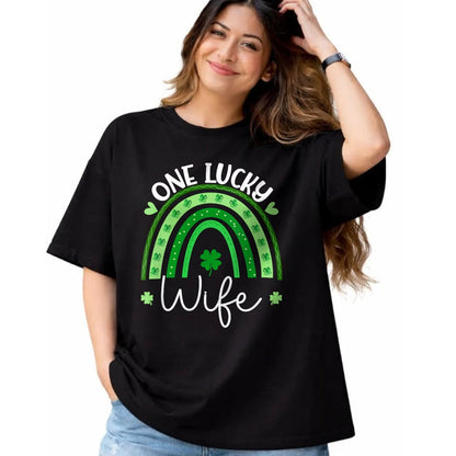 Best Wife Shirt, Wife and Husband Unisex T-Shirt/Hoodie/Sweatshirt HLT00 - Gift for wife T shirt, lucky wife   Womens One Lucky Wife Rainbow Irish St Patricks Day Shamrock V-N