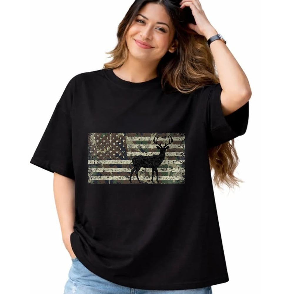Funny Hunting Shirt, Gift For Hunting Lover Unisex T-Shirt/Hoodie/Sweatshirt HLT00 - Deer Hunting Camo American Flag Buck Standing Hunter Country T-Shirt