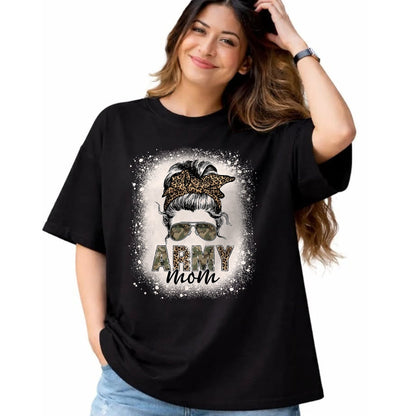 Gift for Mom Shirt, Funny Mom Unisex T-Shirt/Hoodie/Sweatshirt HLT00 - Proud Army Mom Women Leopard Camo Messy Bun Bleached T-Shirt