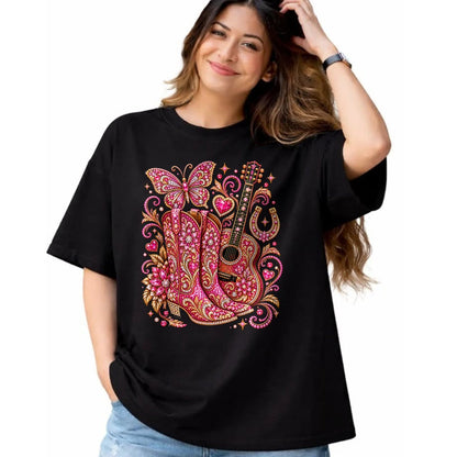 Guitar Lover Shirt, Funny Guitar UnisexT-Shirt/Hoodie/Sweatshirt HLT00 - Pink Butterfly Bling Cowgirl Guitar Western Rhinestone Cute T-Shirt