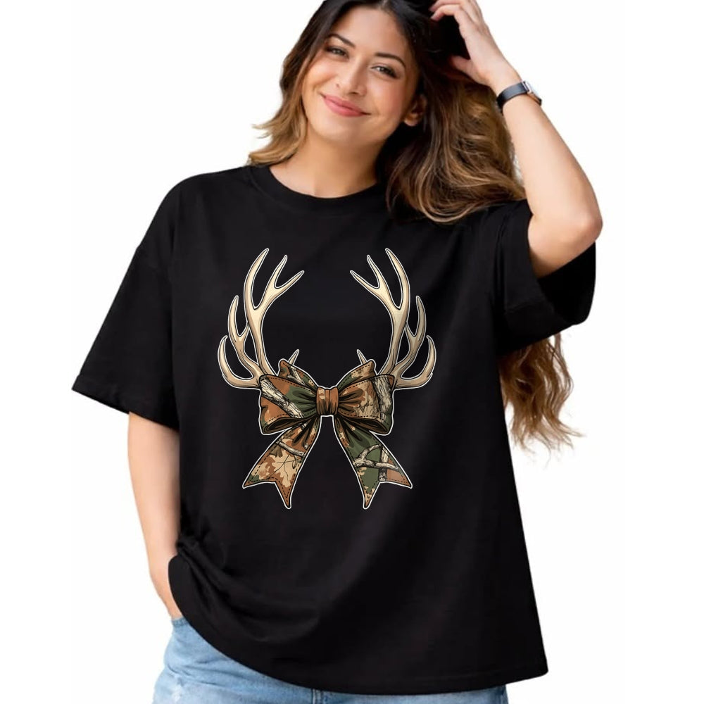 Funny Hunting Shirt, Gift For Hunting Lover Unisex T-Shirt/Hoodie/Sweatshirt HLT00 - Camo Coquette Bow Deer Antlers Hunting Women Girl Camouflage T-Shirt