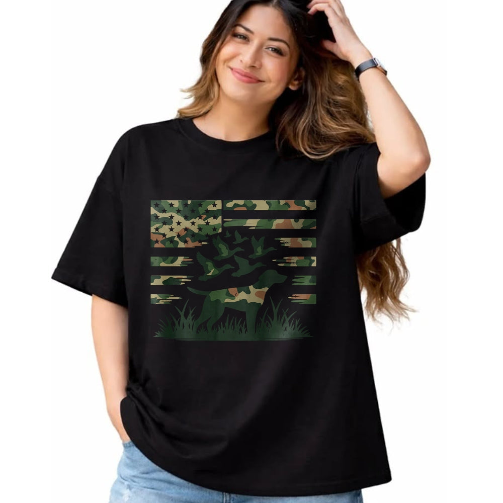 Funny Hunting Shirt, Gift For Hunting Lover Unisex T-Shirt/Hoodie/Sweatshirt HLT00 - Youth Camo Mallard Duck Hunting Dog Camouflage American Flag T-Shirt
