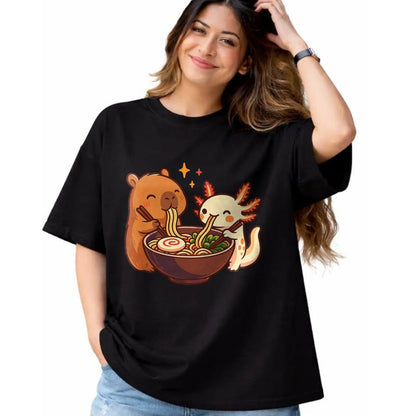 Cute Capybara Shirt, Funny Capybara Unisex T-Shirt/Hoodie/Sweatshirt HLT00 - Capybara with Axolotl Eats Noodles Ramen Kawaii T-Shirt, Men, Black, 3X-Large