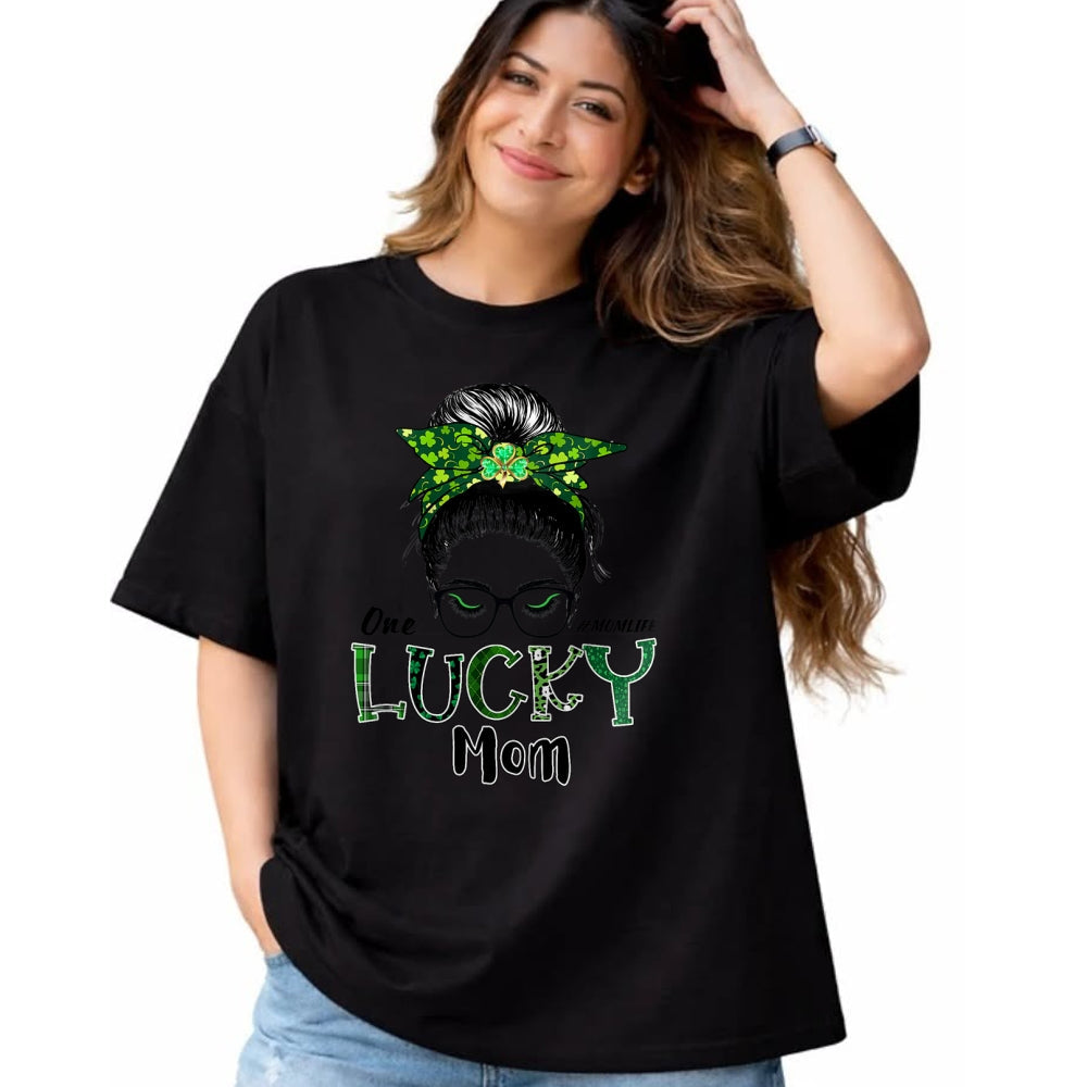 Gift for Mom Shirt, Funny Mom Unisex T-Shirt/Hoodie/Sweatshirt HLT00 - One Lucky Mom St Patricks Day Shamrock Messy Bun T-Shirt