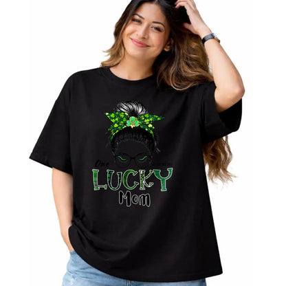 Gift for Mom Shirt, Funny Mom Unisex T-Shirt/Hoodie/Sweatshirt HLT00 - One Lucky Mom St Patricks Day Shamrock Messy Bun T-Shirt