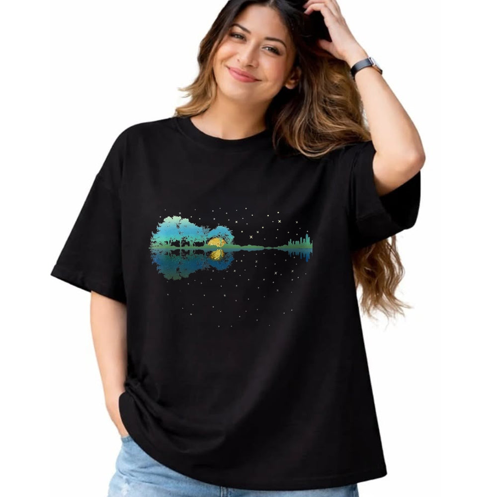Guitar Lover Shirt, Funny Guitar UnisexT-Shirt/Hoodie/Sweatshirt HLT00 - Guitar Lake Reflections Night Sky and Moon Guitar T-Shirt, Men, Black, 3X-Large