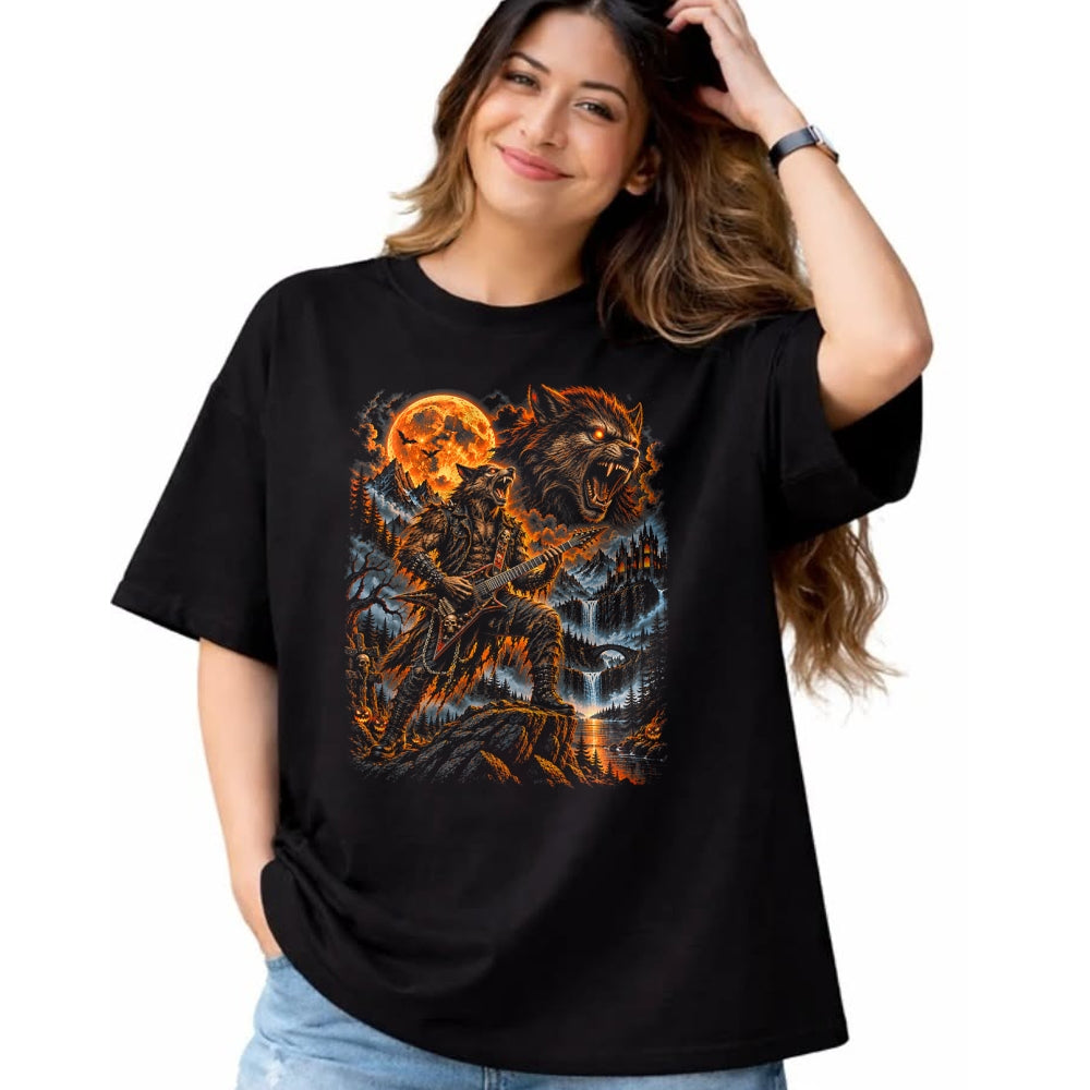 Guitar Lover Shirt, Funny Guitar UnisexT-Shirt/Hoodie/Sweatshirt HLT00 - Werewolf Howling Moon Men Women Playing Guitar Halloween T-Shirt