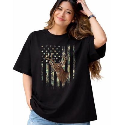 Funny Hunting Shirt, Gift For Hunting Lover Unisex T-Shirt/Hoodie/Sweatshirt HLT00 - (Art on Back) American Flag Deer Hunting Camo T-Shirt