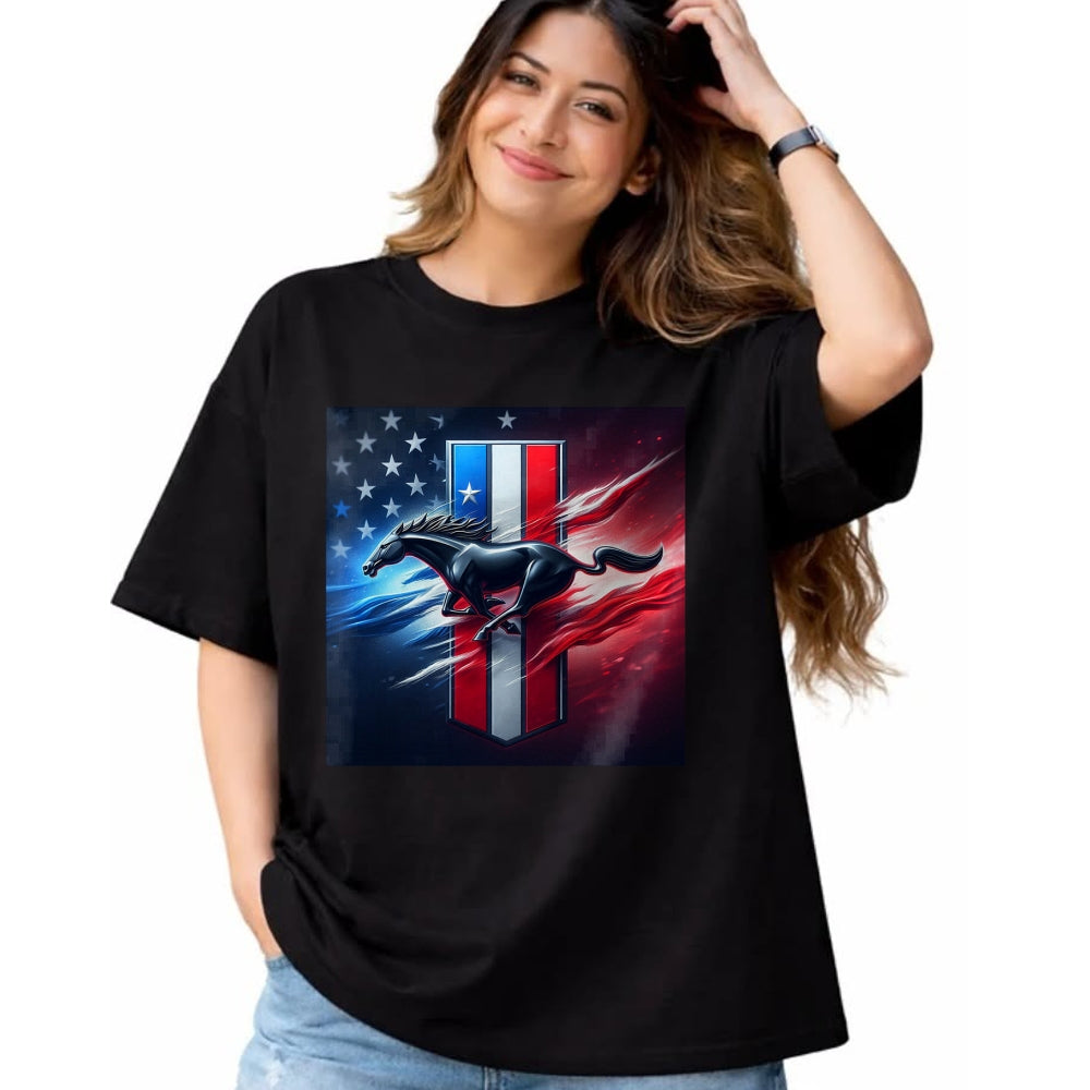 Best Horse Lover Shirt , Funny Horse UnisexT-Shirt/Hoodie/Sweatshirt HLT00 - Galloping Mustang on Tri-Bar & Flag Background T-Shirt