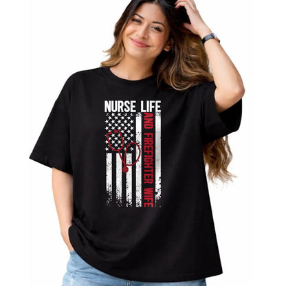 Funny Nurse Shirt, Nurse Unisex T-Shirt/Hoodie/Sweatshirt HLT00 - Nurse Life And Firefighter Wife Nurse Fire Wife Nurse Long Sleeve T-Shirt