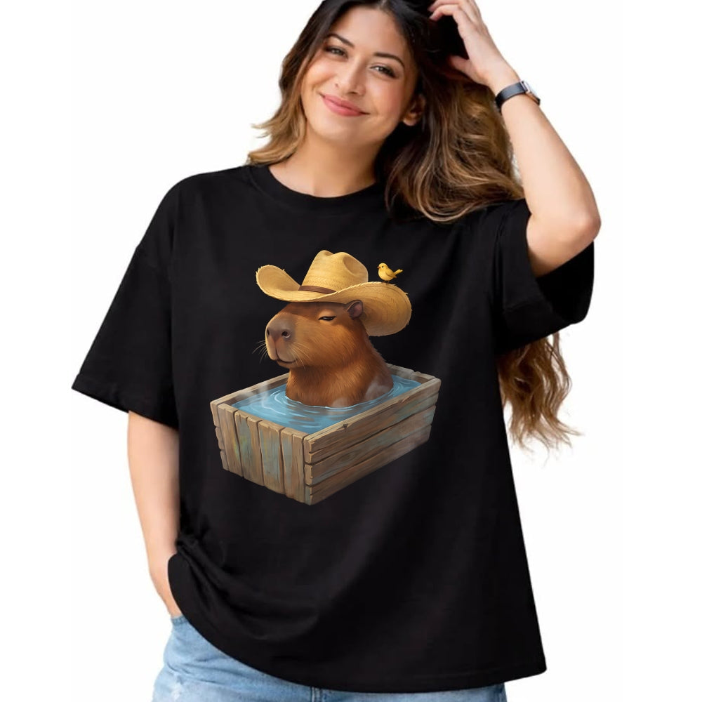 Cute Capybara Shirt, Funny Capybara Unisex T-Shirt/Hoodie/Sweatshirt HLT00 - Cute Capybara Wearing Cowboy Hat in Bathtub Funny Western T-Shirt