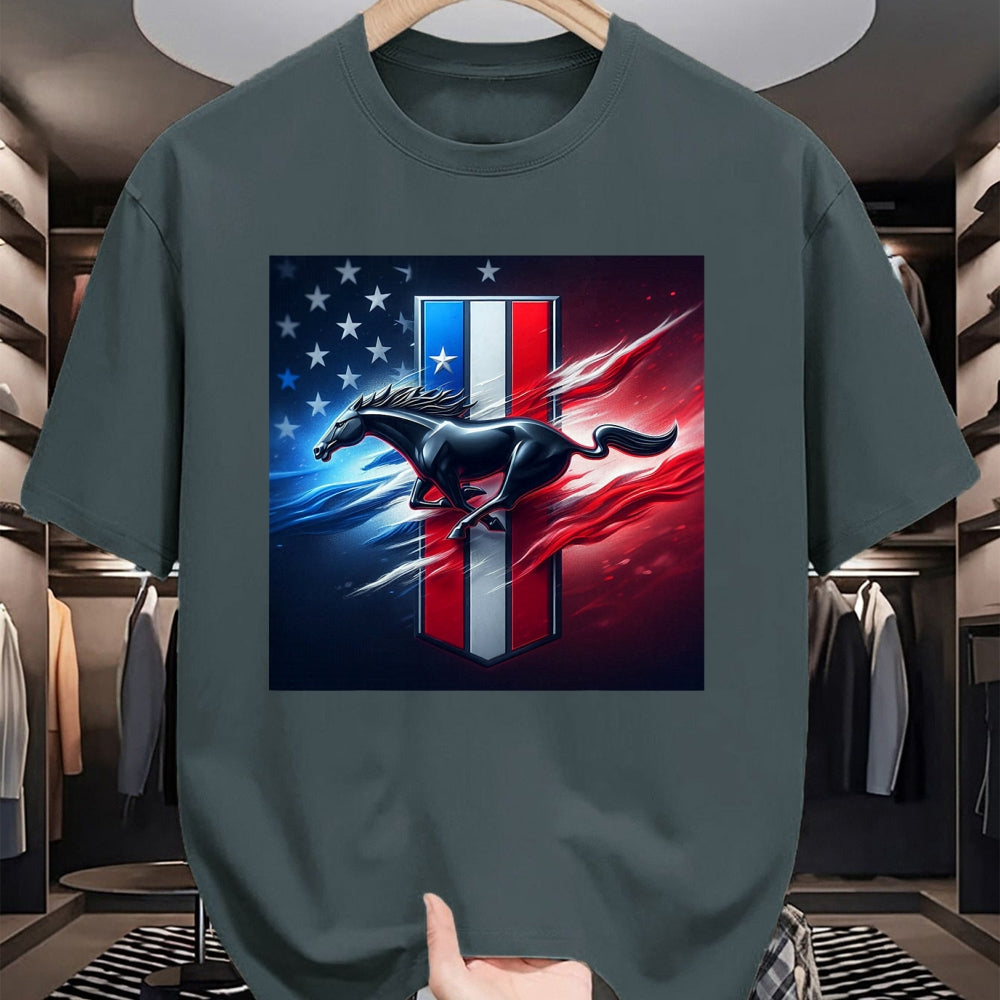 Best Horse Lover Shirt , Funny Horse UnisexT-Shirt/Hoodie/Sweatshirt HLT00 - Galloping Mustang on Tri-Bar & Flag Background T-Shirt