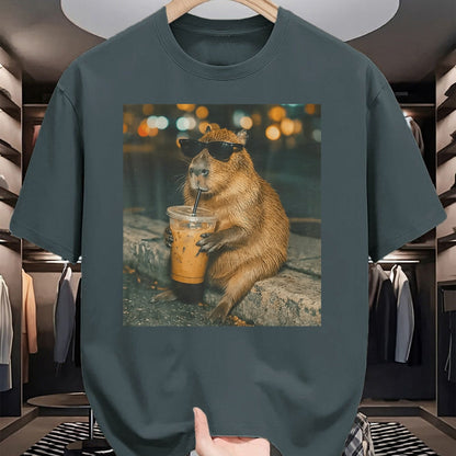 Cute Capybara Shirt, Funny Capybara Unisex T-Shirt/Hoodie/Sweatshirt HLT00 - Funny Capybara Drinking Iced Coffee Cute Animal Meme T-Shirt