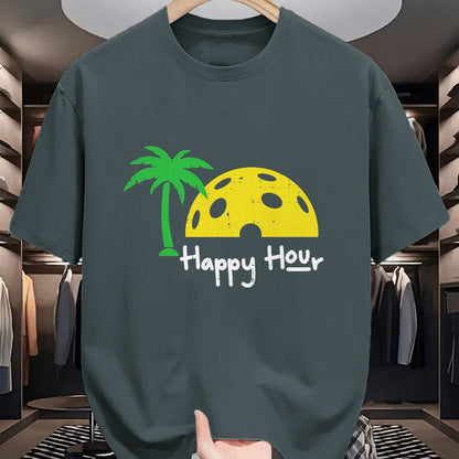 Funny Pickleball Shirt, Pickleball Lover Unisex T-Shirt/Hoodie/Sweatshirt HLT00 - Pickle Ball Happy Hour Palm Tree Pickleball Men Women Kids T-Shirt