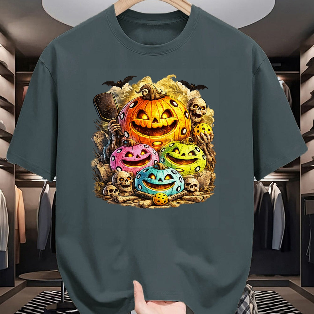 Funny Pickleball Shirt, Pickleball Lover Unisex T-Shirt/Hoodie/Sweatshirt HLT00 - Halloween Pickleball Pumpkins and Skeletons T-Shirt