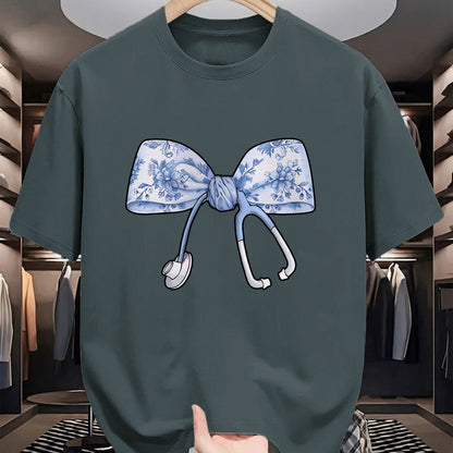 Funny Nurse Shirt, Nurse Unisex T-Shirt/Hoodie/Sweatshirt HLT00 - Floral Cute Blue Coquette Bow Stethoscope Registered Nurse T-Shirt