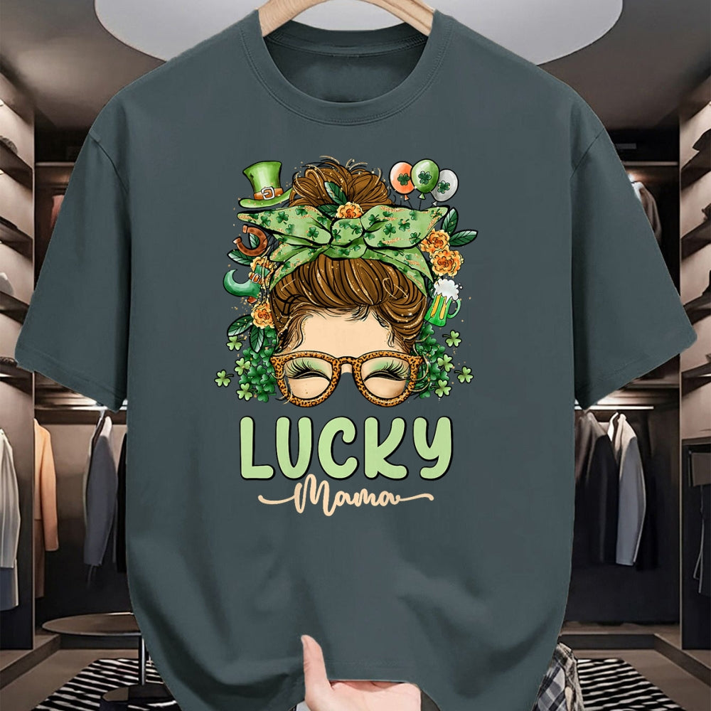 Gift for Mom Shirt, Funny Mom Unisex T-Shirt/Hoodie/Sweatshirt HLT00 - Lucky Mama St Patricks & Mothers Day Mom Messy Bun Irish T-Shirt