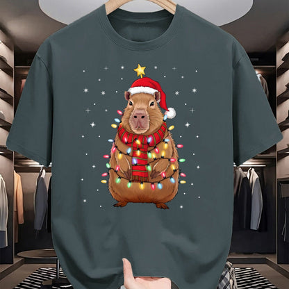 Cute Capybara Shirt, Funny Capybara Unisex T-Shirt/Hoodie/Sweatshirt HLT00 - Christmas Capybara with Santa Hat Xmas Lights Tree T-Shirt