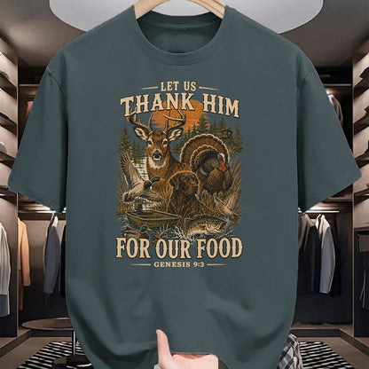 Funny Hunting Shirt, Gift For Hunting Lover Unisex T-Shirt/Hoodie/Sweatshirt HLT00 - Let Us Thank Him for Our Food Genesis 93 Christian Hunting T-Shirt
