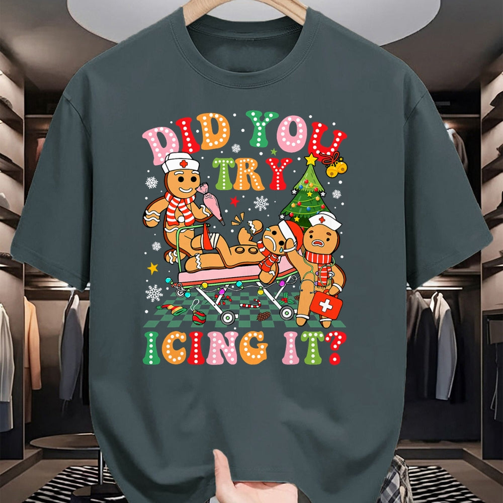 Funny Nurse Shirt, Nurse Unisex T-Shirt/Hoodie/Sweatshirt HLT00 - Retro ICU Nurse Christmas Gingerbread Did You Try Icing It T-Shirt (1)