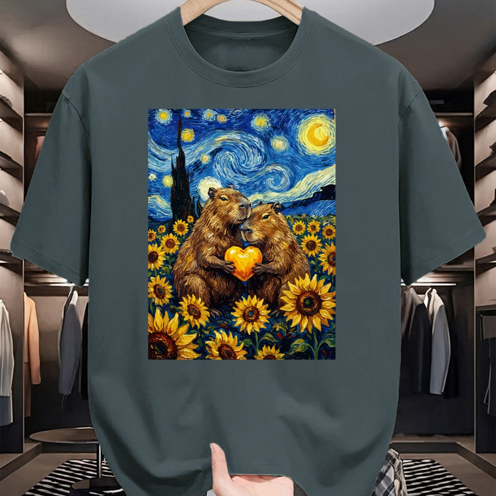 Cute Capybara Shirt, Funny Capybara Unisex T-Shirt/Hoodie/Sweatshirt HLT00 - Capybara Starry Night with Heart and Sunflowers Long Sleeve T-Shirt