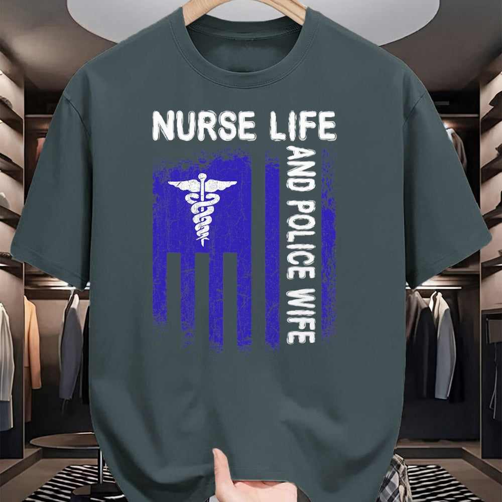 Funny Nurse Shirt, Nurse Unisex T-Shirt/Hoodie/Sweatshirt HLT00 - Nurse Life And Police Wife Flag American For Nurse & Police T-Shirt
