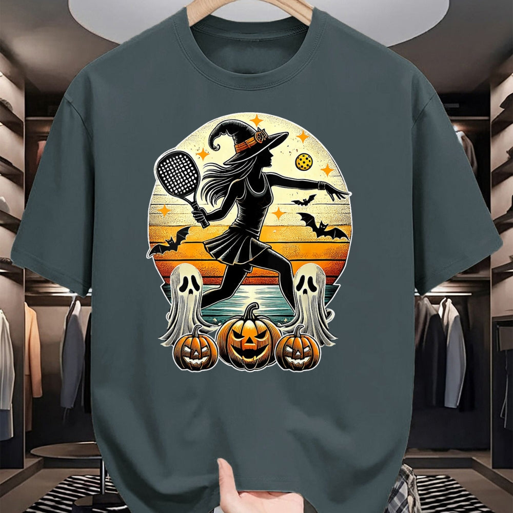 Funny Pickleball Shirt, Pickleball Lover Unisex T-Shirt/Hoodie/Sweatshirt HLT00 - Womens Pickleball Halloween Witch Playing - Jackolantern Ghost V-Neck T-Shirt