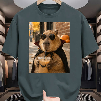 Cute Capybara Shirt, Funny Capybara Unisex T-Shirt/Hoodie/Sweatshirt HLT00 - Capybara Vampire Drinking Iced Coffee Halloween Funny Meme T-Shirt