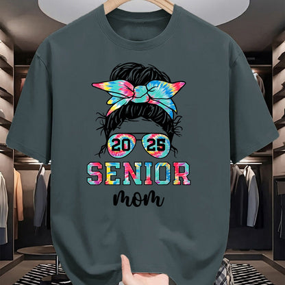 Gift for Mom Shirt, Funny Mom Unisex T-Shirt/Hoodie/Sweatshirt HLT00 - Messy Bun Tie Dye Proud Mom Of A Class Of 2025 Senior T-Shirt