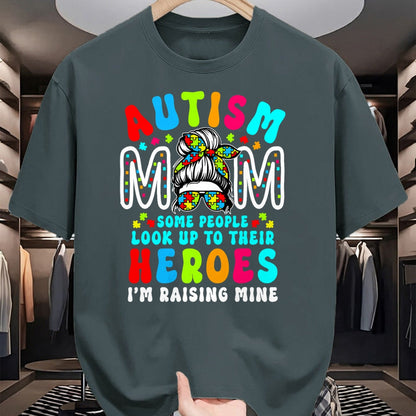 Gift for Mom Shirt, Funny Mom Unisex T-Shirt/Hoodie/Sweatshirt HLT00 - Autism Mom Raising Hero Groovy Messy Bun Autism Awareness T-Shirt