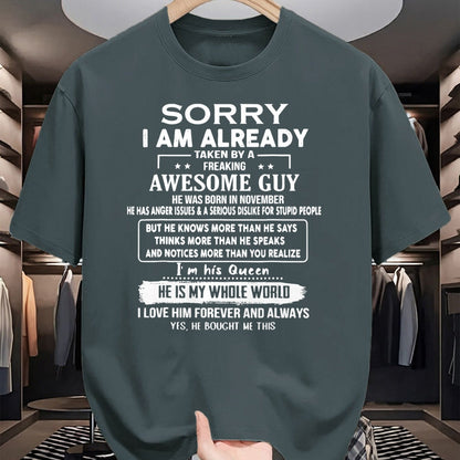 Best Wife Shirt, Wife and Husband Unisex T-Shirt/Hoodie/Sweatshirt HLT00 - Sorry I Am Already Taken By A Freaking Awesome Guy November T-Shirt (1)