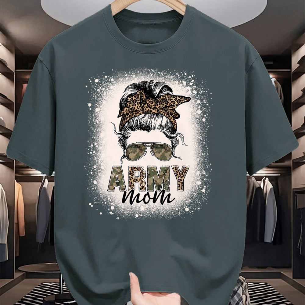 Gift for Mom Shirt, Funny Mom Unisex T-Shirt/Hoodie/Sweatshirt HLT00 - Proud Army Mom Women Leopard Camo Messy Bun Bleached T-Shirt
