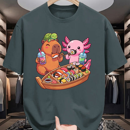 Cute Capybara Shirt, Funny Capybara Unisex T-Shirt/Hoodie/Sweatshirt HLT00 - Kawaii Capybara Axolotl Sushi Nigiri Chopsticks Anime Food T-Shirt