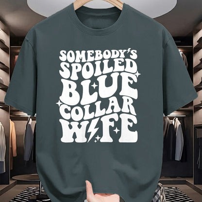 Best Wife Shirt, Wife and Husband Unisex T-Shirt/Hoodie/Sweatshirt HLT00 - Gift for wife T shirt, spoiled wife   Somebody's Spoiled Blue Collar Wife Front & Back Pullover Hood
