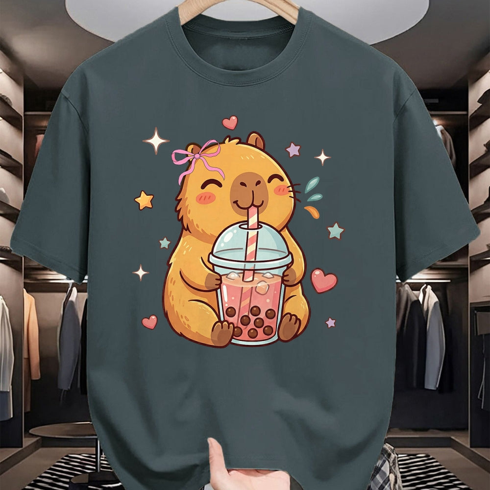 Cute Capybara Shirt, Funny Capybara Unisex T-Shirt/Hoodie/Sweatshirt HLT00 - Cute Capybara Anime Drinking Bubble Boba Tea Kawaii Girl Kid T-Shirt