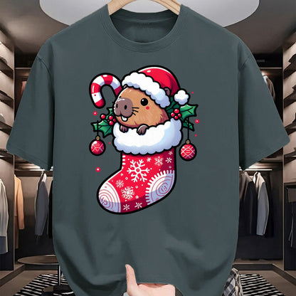 Cute Capybara Shirt, Funny Capybara Unisex T-Shirt/Hoodie/Sweatshirt HLT00 - Cute Capybara Wearing Santa Hat in Christmas Stocking Pajama T-Shirt