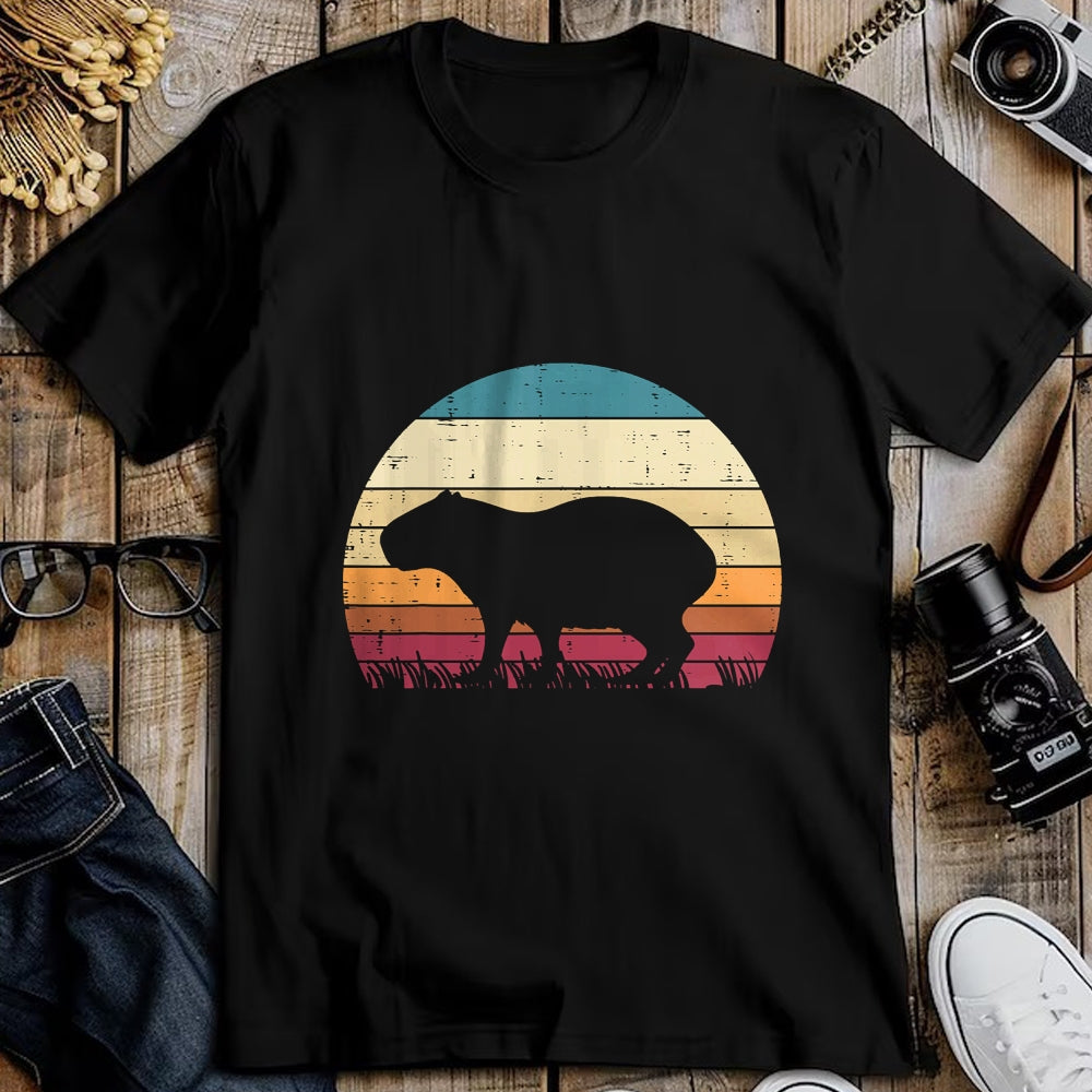 Cute Capybara Shirt, Funny Capybara Unisex T-Shirt/Hoodie/Sweatshirt HLT00 - Capybara Silhouette Sunset Retro Capy Rodent Men Women Kids T-Shirt