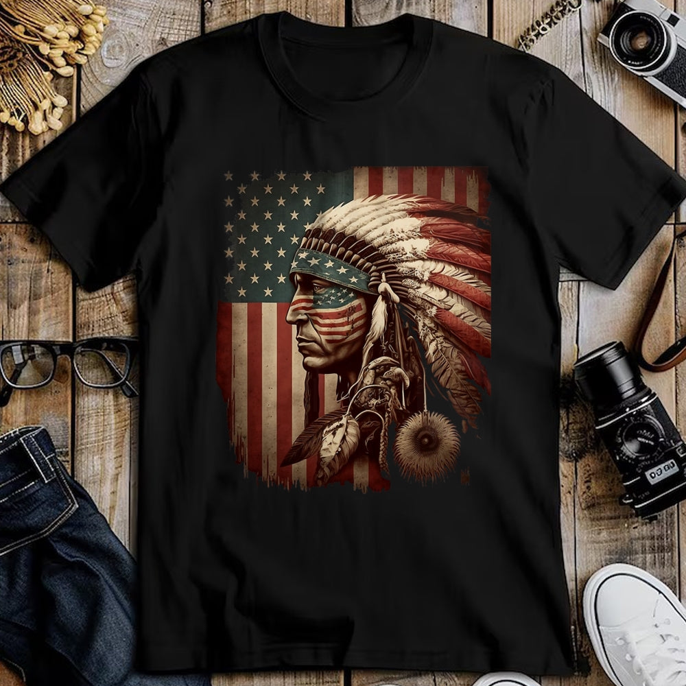 Native American T-Shirts, Vintage Native American Unisex T-Shirt/Hoodie/Sweatshirt HLT00 - Native American Indian Chief American USA Flag (1)