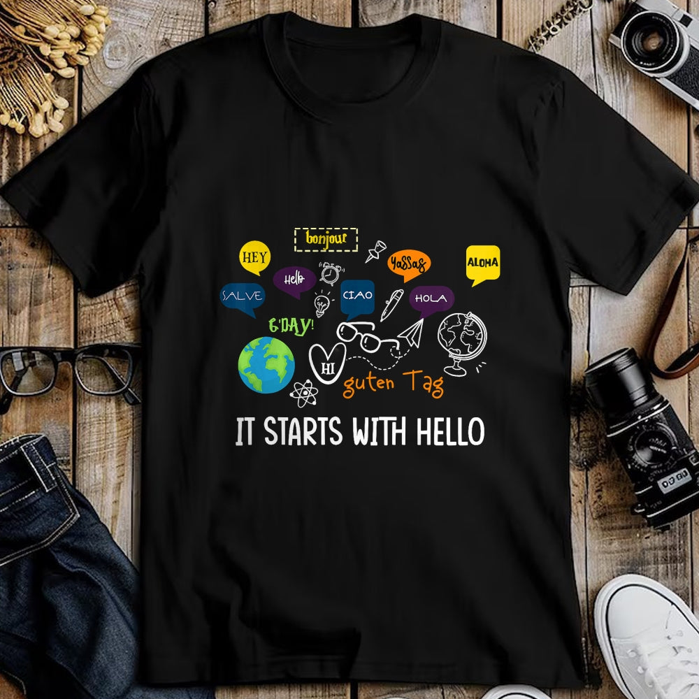 Best Teacher Shirt, Funny Teacher UnisexT-Shirt/Hoodie/Sweatshirt HLT00 - It Starts with Hello Friendship Inclusion Language Teacher T-Shirt (1)