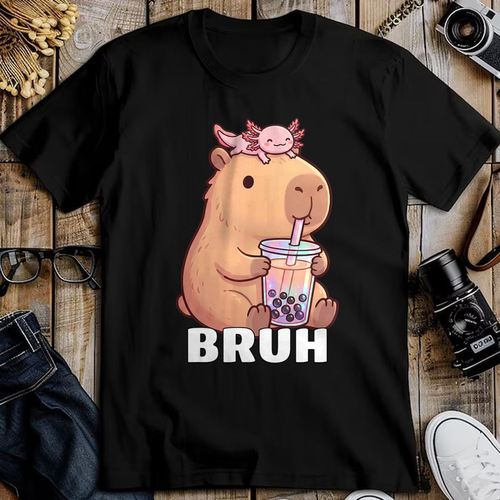 Cute Capybara Shirt, Funny Capybara Unisex T-Shirt/Hoodie/Sweatshirt HLT00 - Cute Bruh Capybara Drinking Bubble Tea Axolotl Funny Kawaii T-Shirt