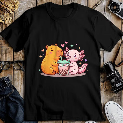 Cute Capybara Shirt, Funny Capybara Unisex T-Shirt/Hoodie/Sweatshirt HLT00 - Cute Capybara and Axolotl Bubble Tea Boba Girls Kawaii T-Shirt