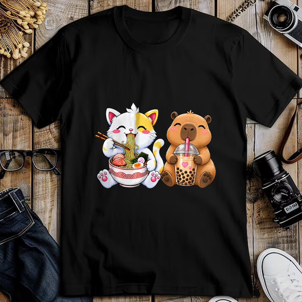 Cute Capybara Shirt, Funny Capybara Unisex T-Shirt/Hoodie/Sweatshirt HLT00 - Cute Cat Capybara Ramen Boba Kawaii Anime Noodle Bubble Tea T-Shirt