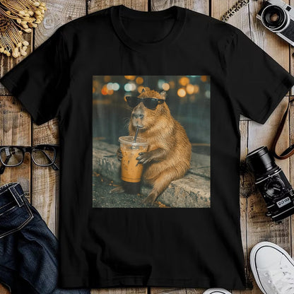 Cute Capybara Shirt, Funny Capybara Unisex T-Shirt/Hoodie/Sweatshirt HLT00 - Funny Capybara Drinking Iced Coffee Cute Animal Meme T-Shirt